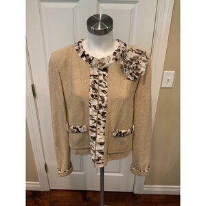 St. John Anise Melange Tan Wool Crepe Zip-Up Jacket Silk Trim $1,195 Size 12 NWT